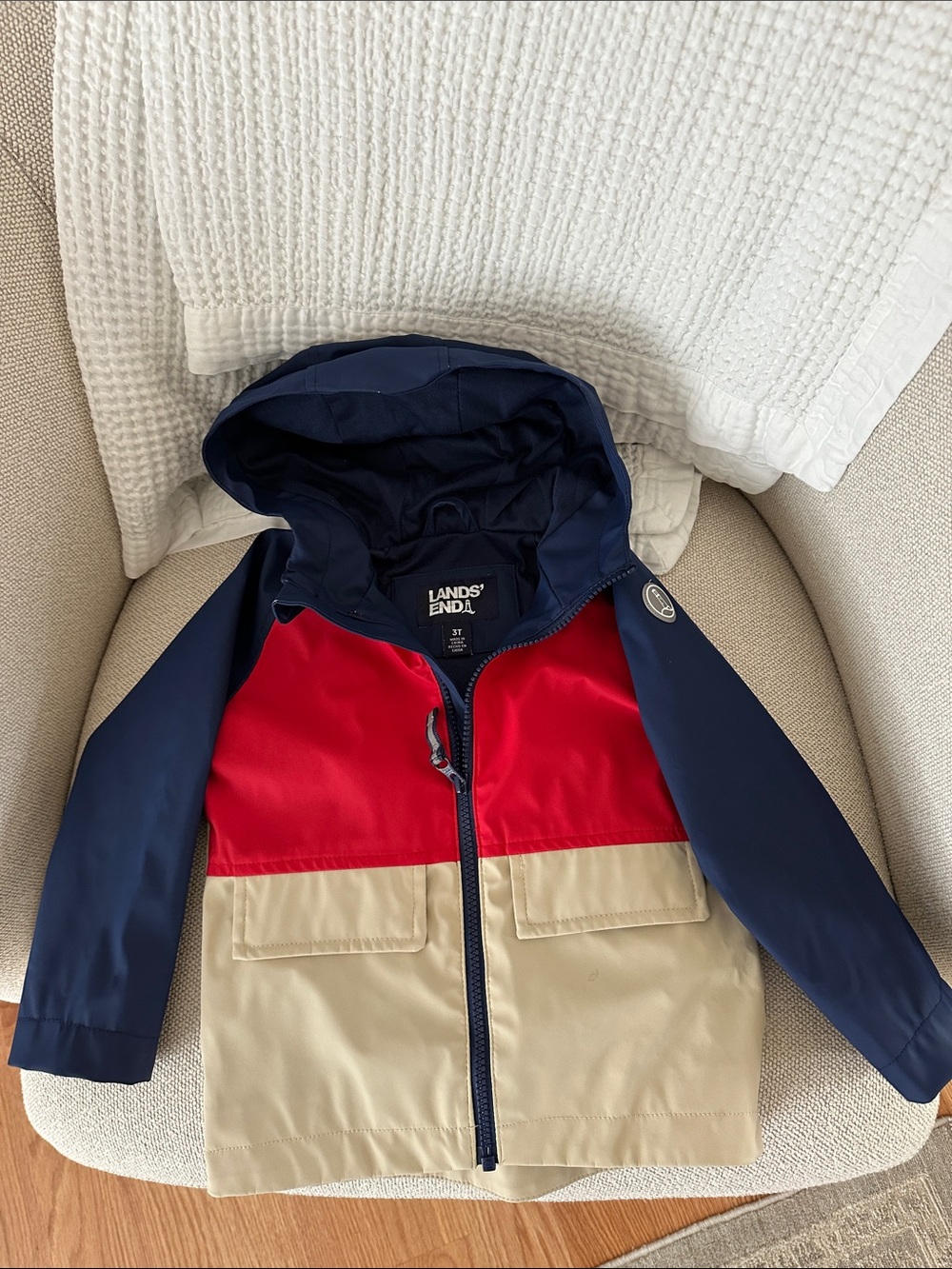 Lands' End Boys' 3T Color-block Hooded Raincoat in Navy, Red & Tan Like New